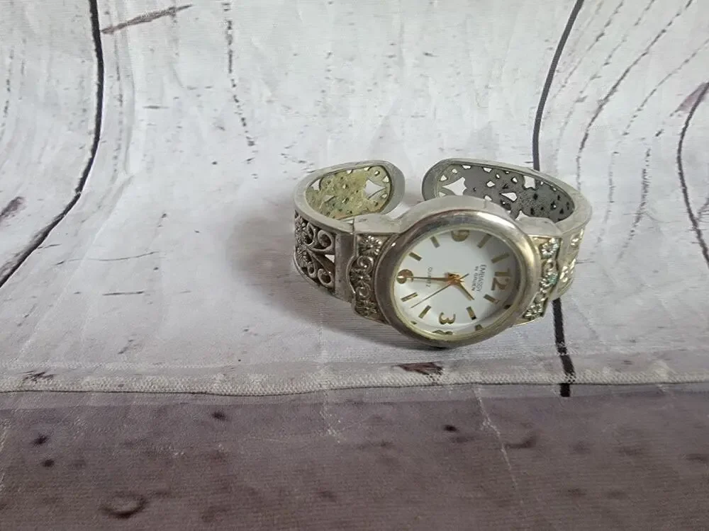 silver-tone Embassy by Gruen watch intricate filigree cuff band Untested READ